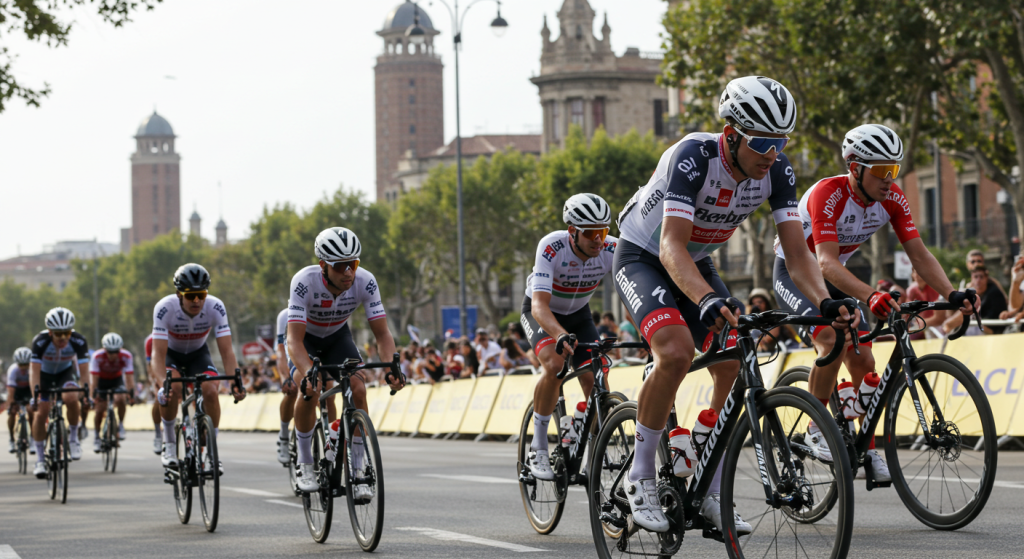 Cyclistes professionnels pendant le tour de France à Barcelone vue de près
