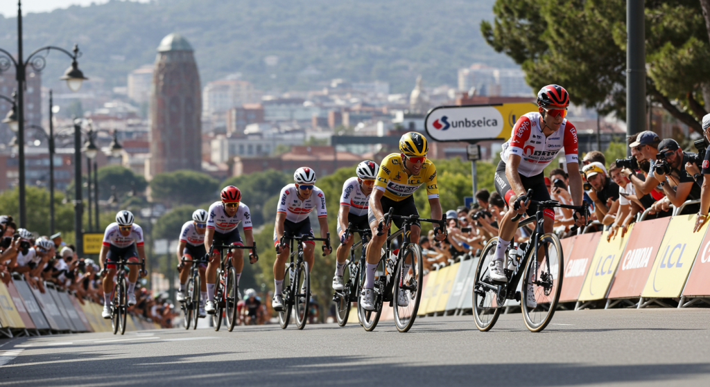Cyclistes professionnels pendant le tour de France à Barcelone en côte