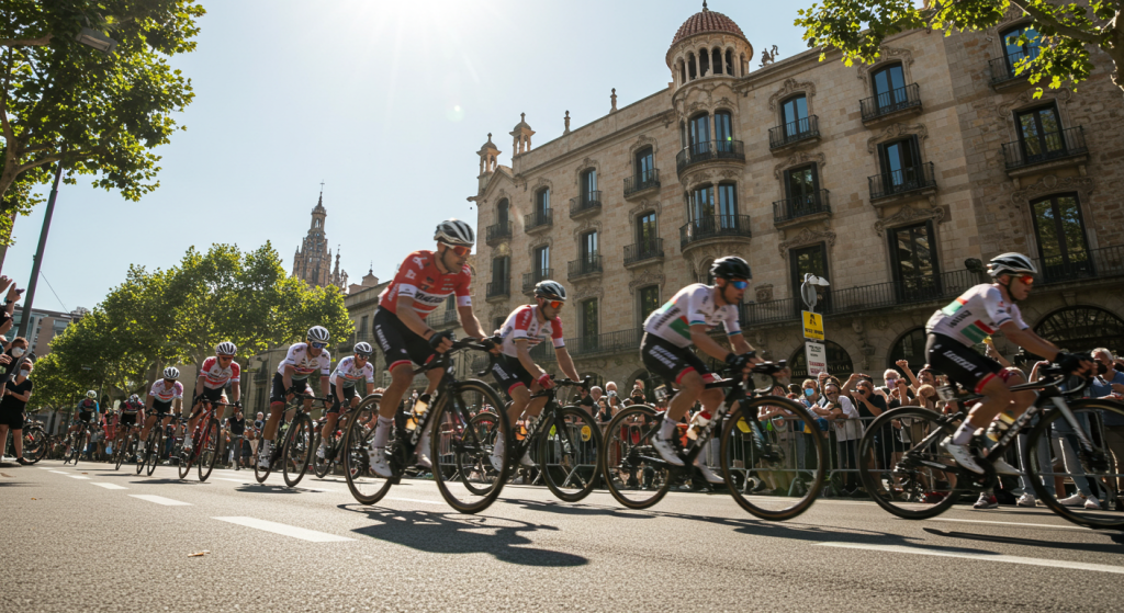 Cyclistes professionnels pendant le tour de France dans une rue à Barcelone