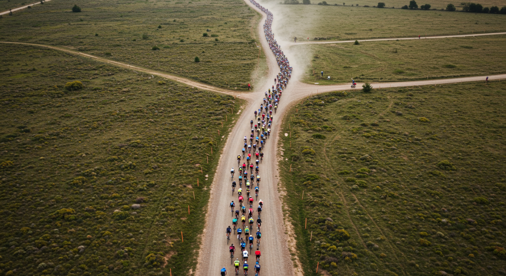 Cyclistes pro en gravel vue de haut