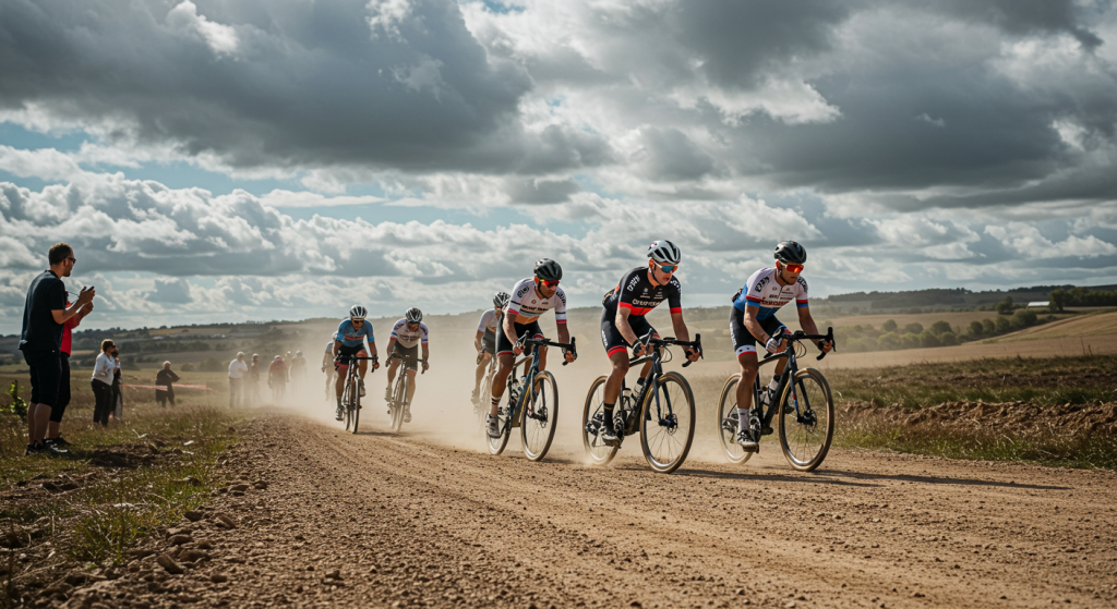 Cyclistes pro en gravel dans une côte