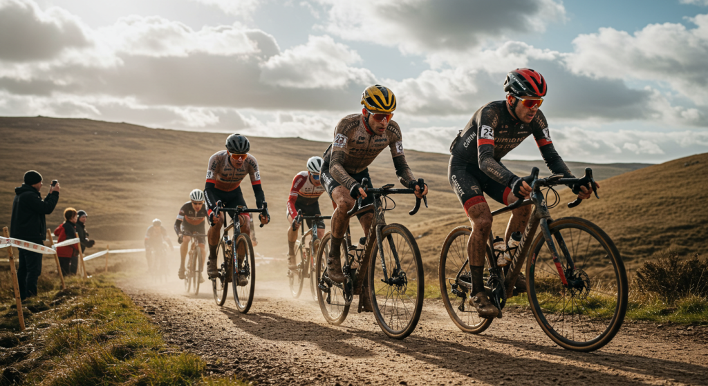 Cyclistes pro en gravel plein de boue dans une côte