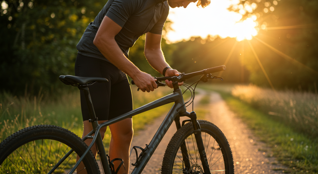 Un jeune cycliste règle son guidon de vélo