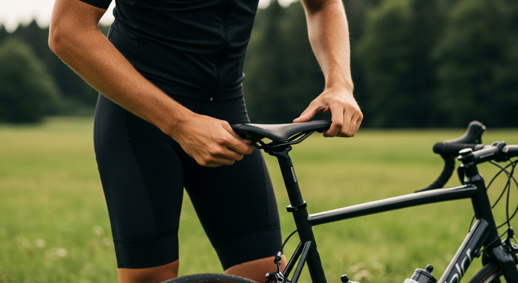 Un jeune cycliste règle l'arrière de sa selle