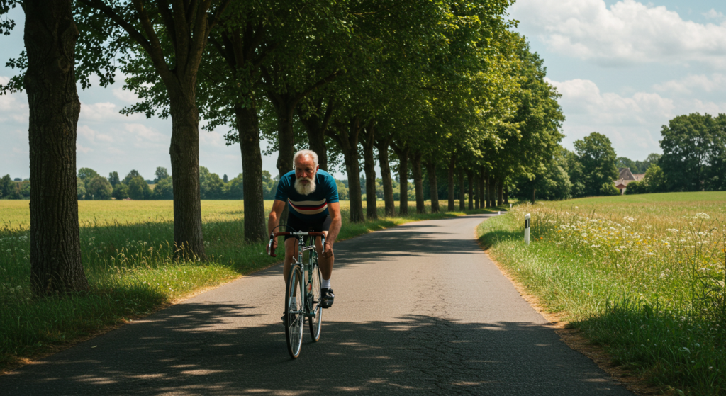 Un cycliste senior débutant sur un vélo de route sur une route de campagne