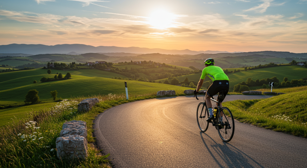 Un cycliste senior débutant en descente sur un vélo de route au coucher de soleil