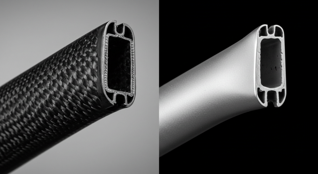 Cadre en fibre de carbone versus cadre en aluminium coupé en deux vue de près 
