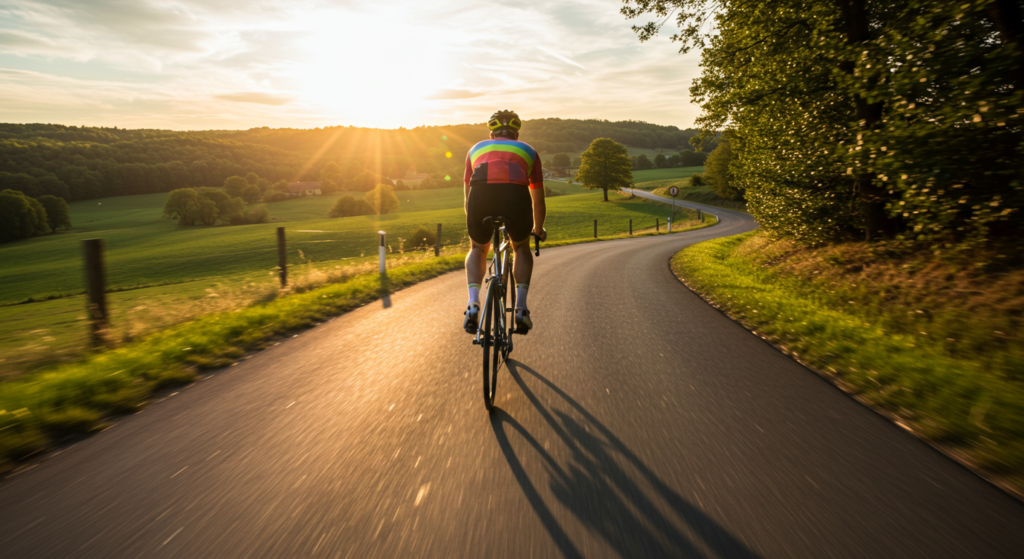 Un cycliste sur un vélo de route en aluminium sur une route de campagne vue de dos