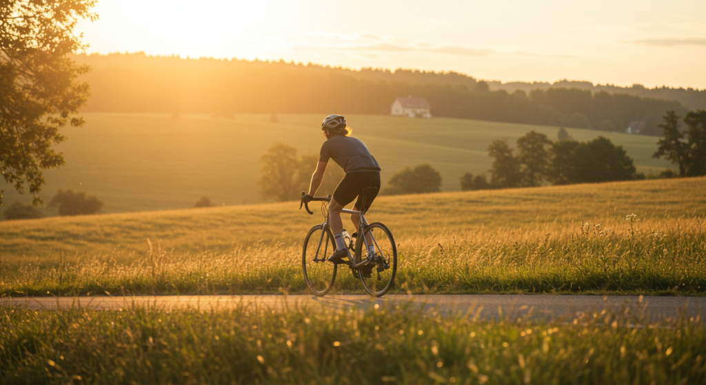 Un cycliste sur un vélo de route en aluminium sur une route de campagne vue de dos au coucher de soleil