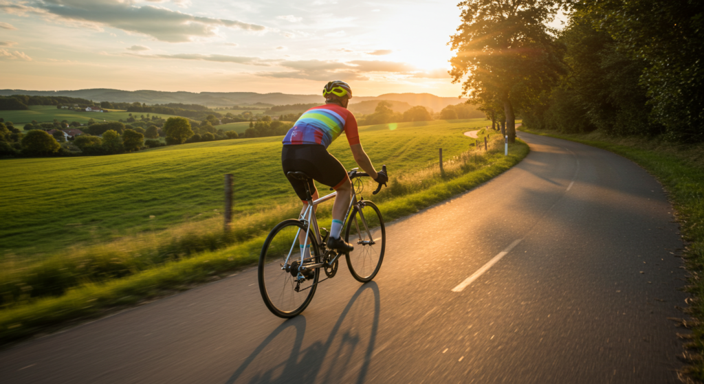 Un cycliste sur un vélo de route en aluminium avec un maillot multicolore sur une route de campagne vue de dos au coucher du soleil