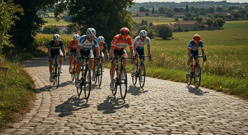 Cycliste professionnels dans une côte sur une route pavée dans le Nord en peloton