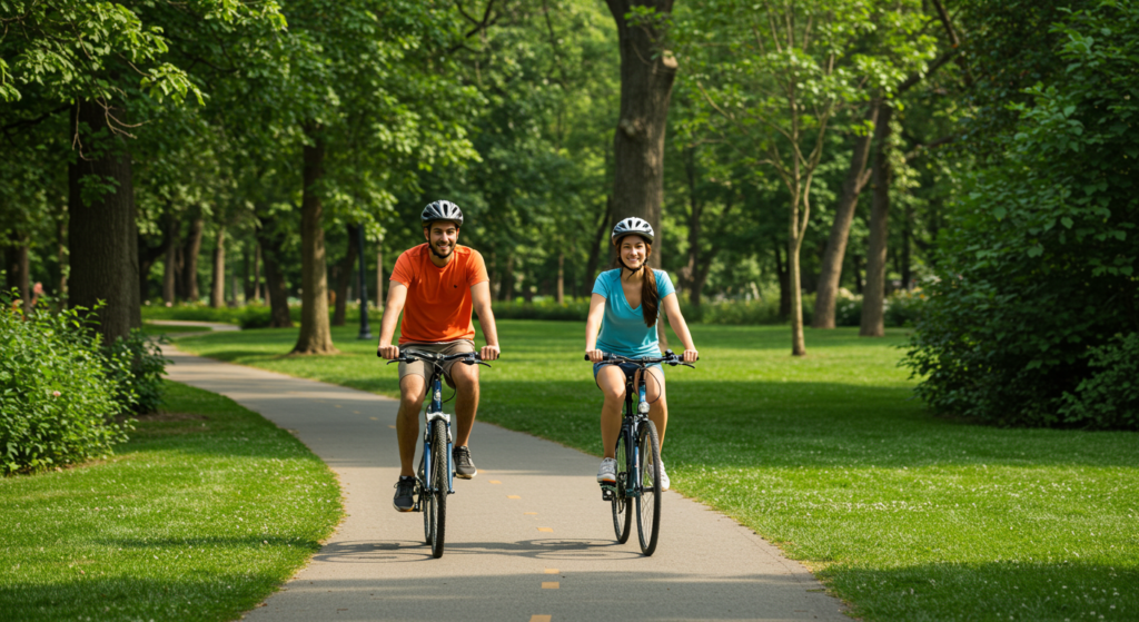 Une femme et un homme font du vélo côte à côte dans un parc
