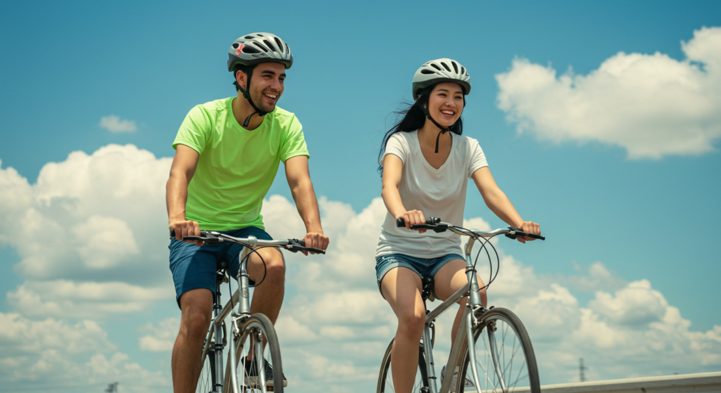 Une femme et un homme souriants font du vélo côte à côte
