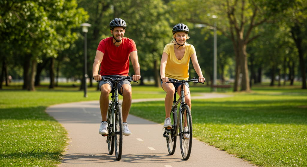 Une femme et un homme souriants font du vélo côte à côte dans un parc