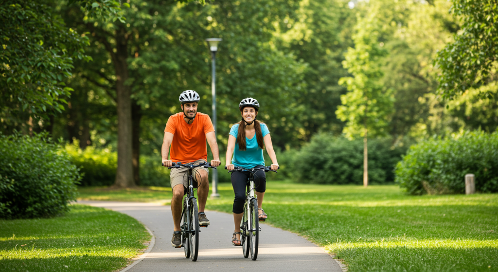 Une femme et un homme font du vélo côte à côte dans un parc