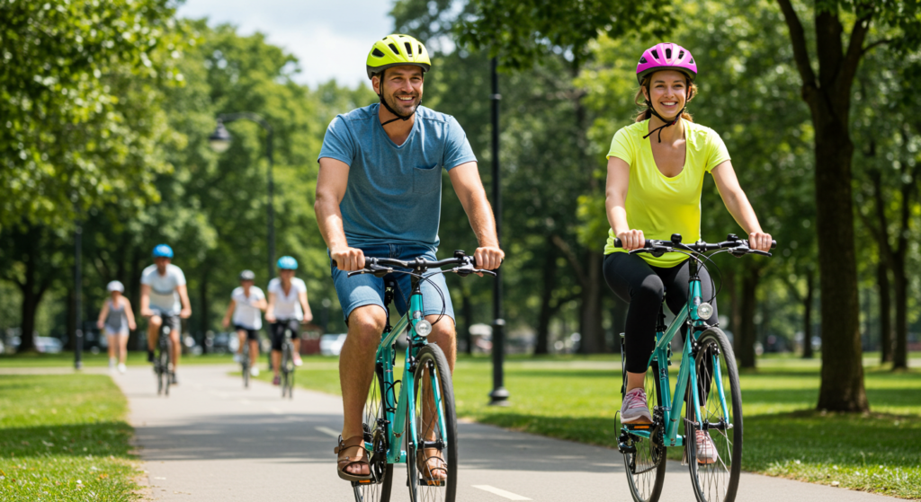 Une femme et un homme font du vélo côte à côte dans un parc